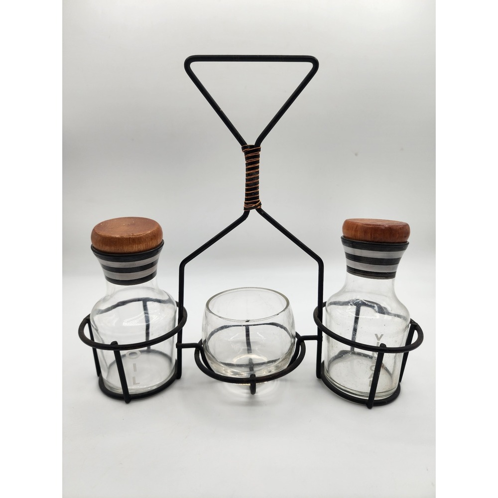 Oil Vinegar Cruet Set Glass Bottles Wood‎ Lids Metal Caddy Organizer